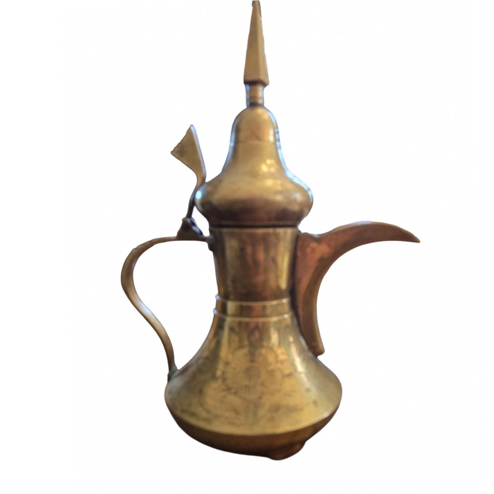 Vintage Brass Dallah Coffee Pot Etched Middle Eastern Decorative Pitcher 9in - Picture 3 of 7